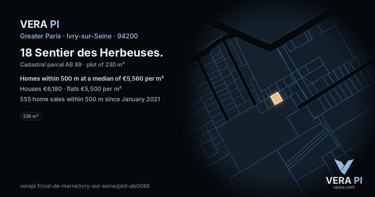 18 Sentier des Herbeuses, Ivry-sur-Seine at night – the plot lit, the parcels around coloured by the prices near them