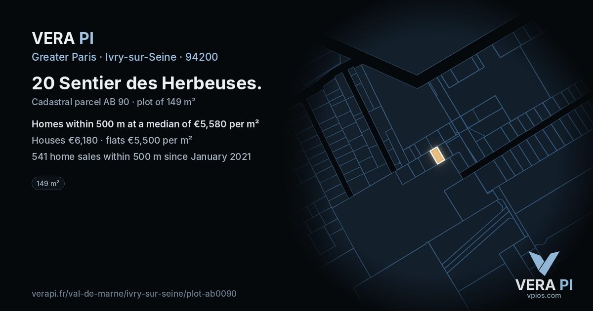 20 Sentier des Herbeuses, Ivry-sur-Seine at night – the plot lit, the parcels around coloured by the prices near them