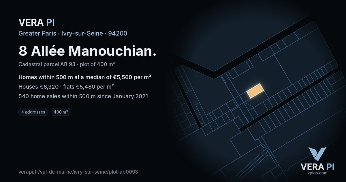 8 Allée Manouchian, Ivry-sur-Seine at night – the plot lit, the parcels around coloured by the prices near them