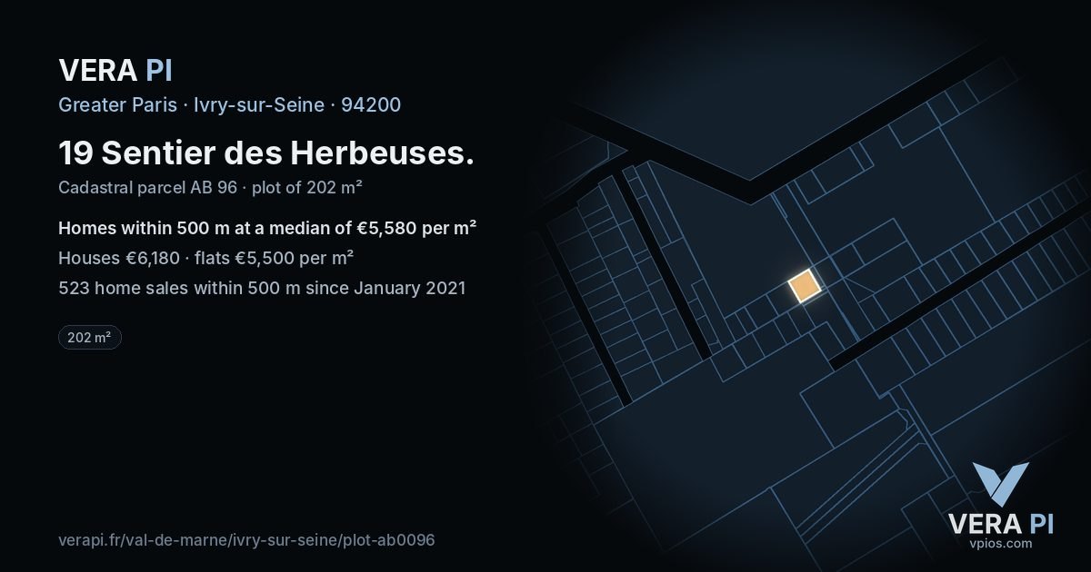 19 Sentier des Herbeuses, Ivry-sur-Seine at night – the plot lit, the parcels around coloured by the prices near them