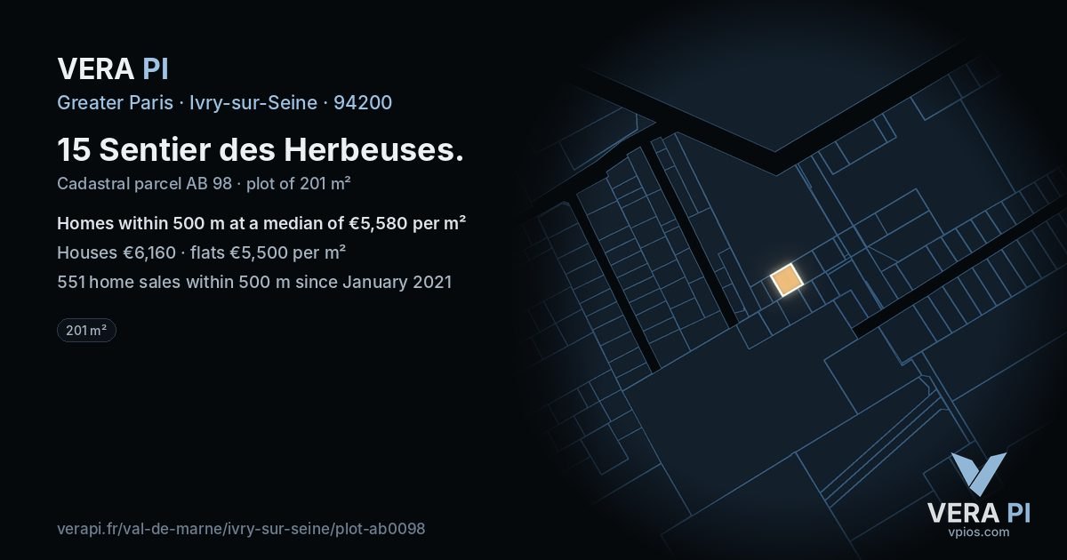 15 Sentier des Herbeuses, Ivry-sur-Seine at night – the plot lit, the parcels around coloured by the prices near them