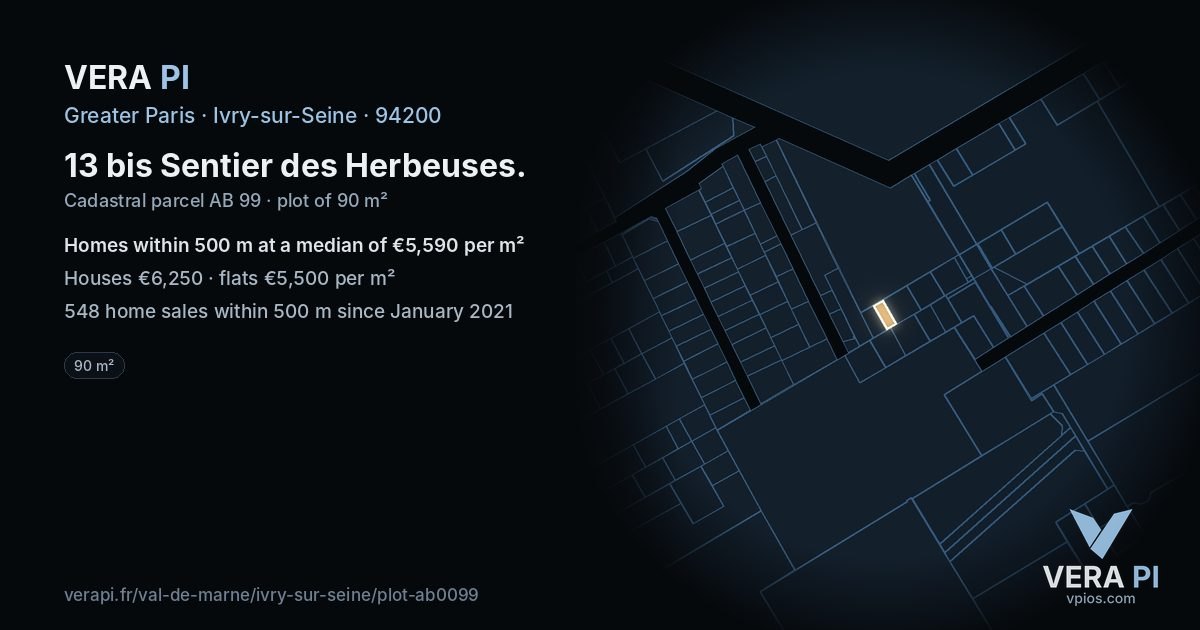 13 bis Sentier des Herbeuses, Ivry-sur-Seine at night – the plot lit, the parcels around coloured by the prices near them