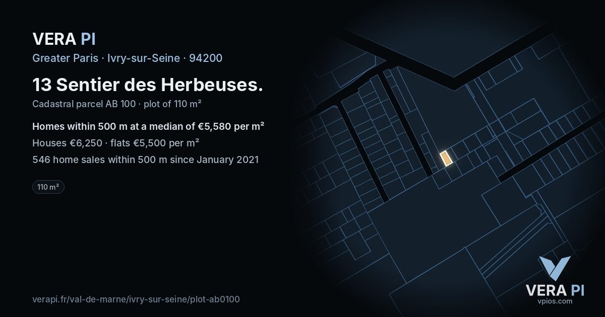 13 Sentier des Herbeuses, Ivry-sur-Seine at night – the plot lit, the parcels around coloured by the prices near them