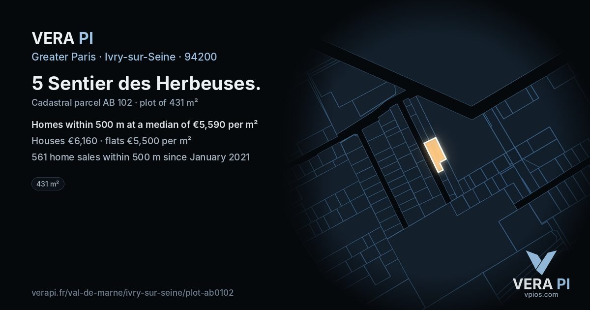 5 Sentier des Herbeuses, Ivry-sur-Seine at night – the plot lit, the parcels around coloured by the prices near them