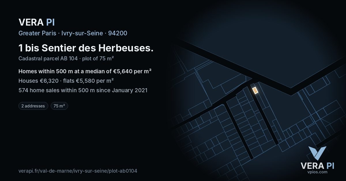 1 bis Sentier des Herbeuses, Ivry-sur-Seine at night – the plot lit, the parcels around coloured by the prices near them