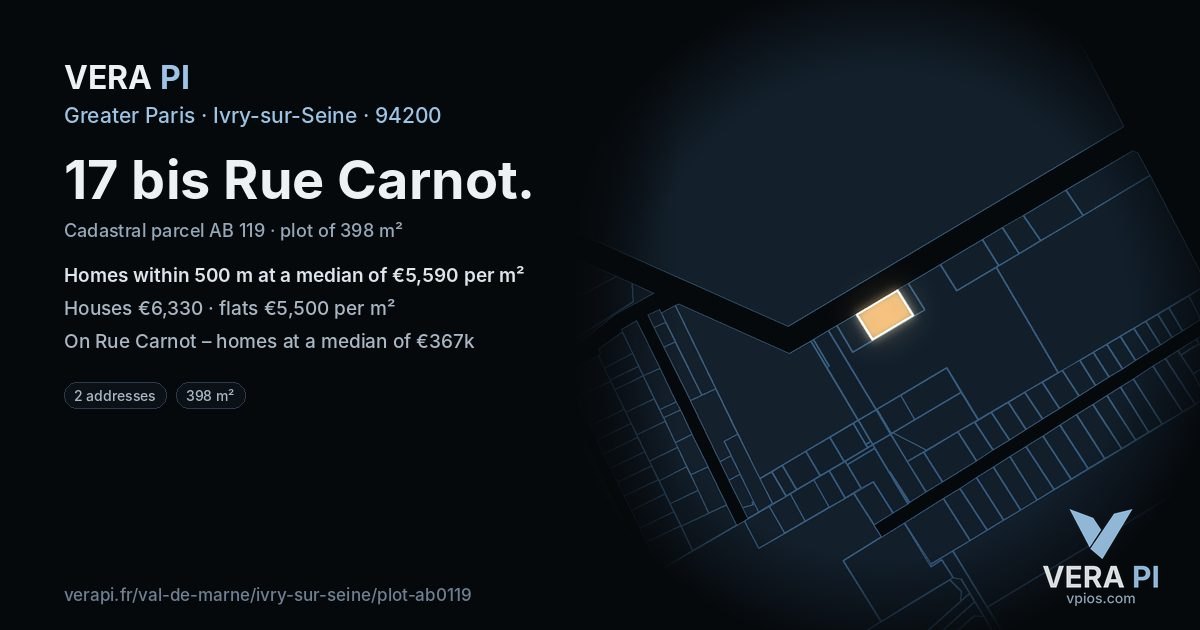 17 bis Rue Carnot, Ivry-sur-Seine at night – the plot lit, the parcels around coloured by the prices near them