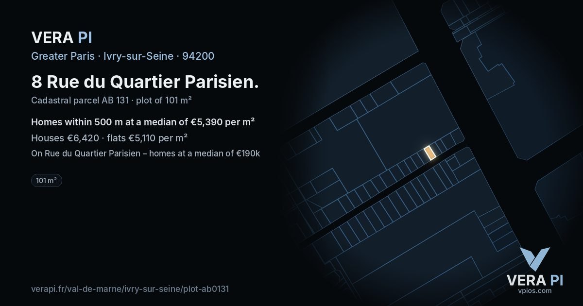 8 Rue du Quartier Parisien, Ivry-sur-Seine at night – the plot lit, the parcels around coloured by the prices near them