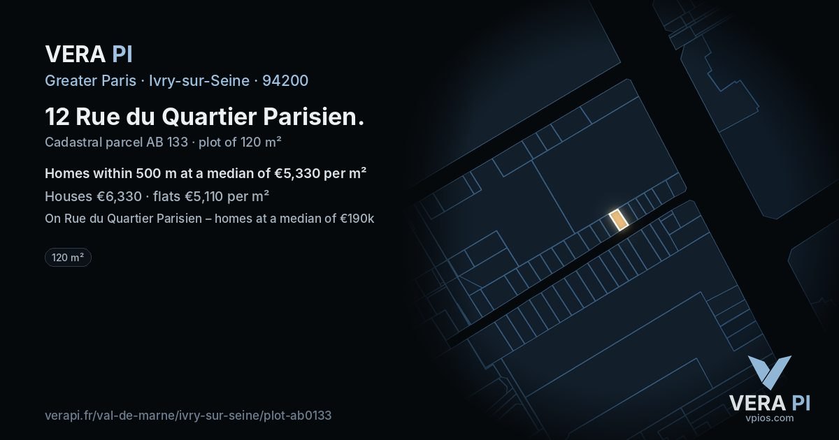 12 Rue du Quartier Parisien, Ivry-sur-Seine at night – the plot lit, the parcels around coloured by the prices near them