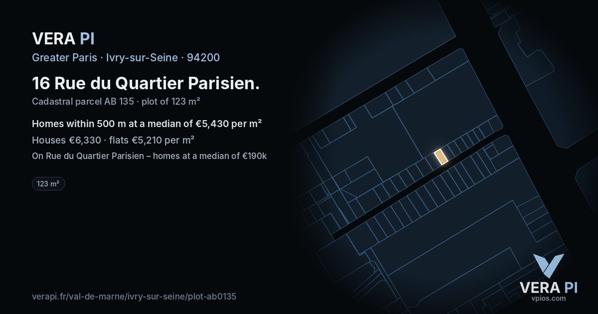 16 Rue du Quartier Parisien, Ivry-sur-Seine at night – the plot lit, the parcels around coloured by the prices near them