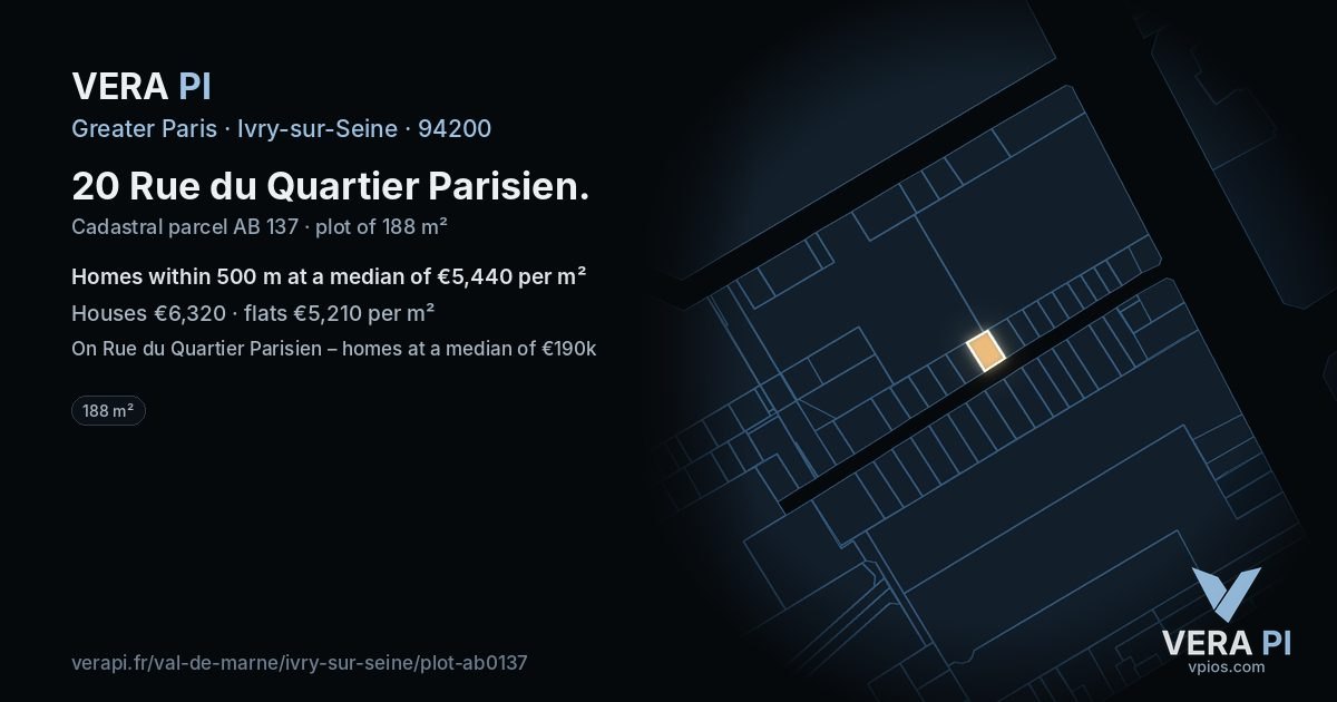20 Rue du Quartier Parisien, Ivry-sur-Seine at night – the plot lit, the parcels around coloured by the prices near them