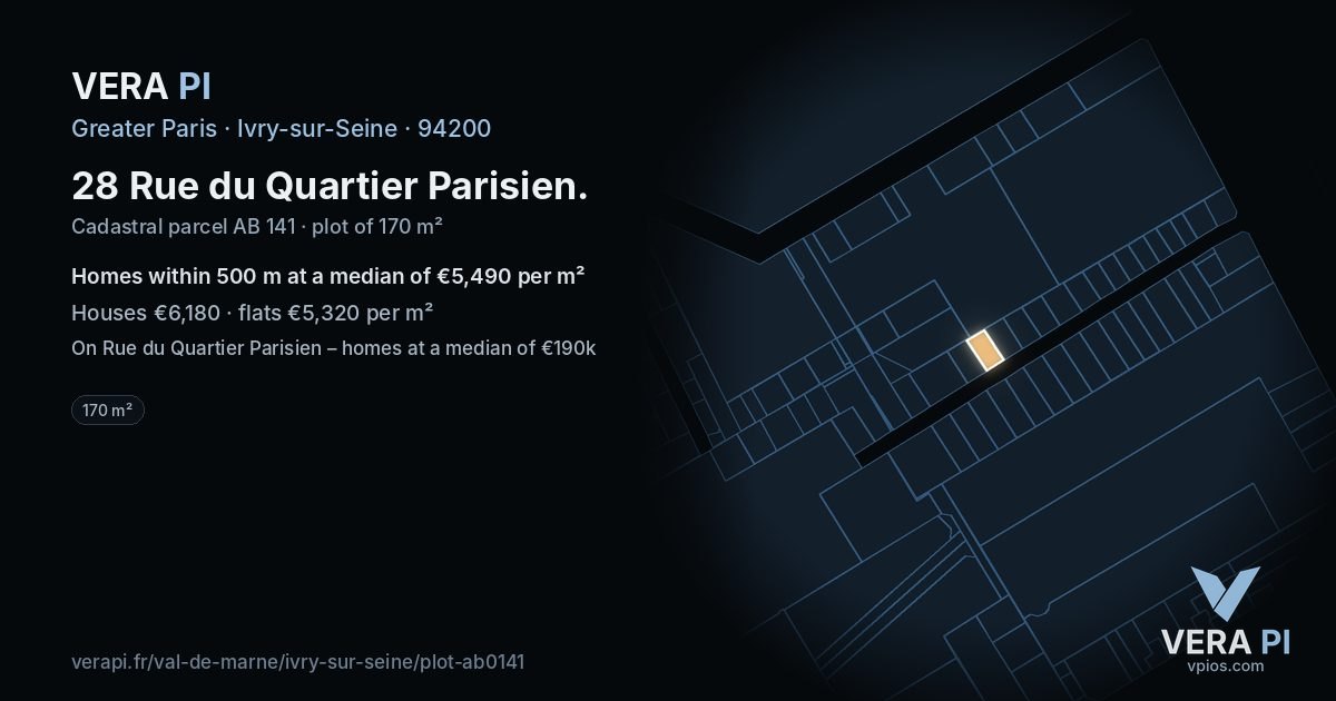 28 Rue du Quartier Parisien, Ivry-sur-Seine at night – the plot lit, the parcels around coloured by the prices near them