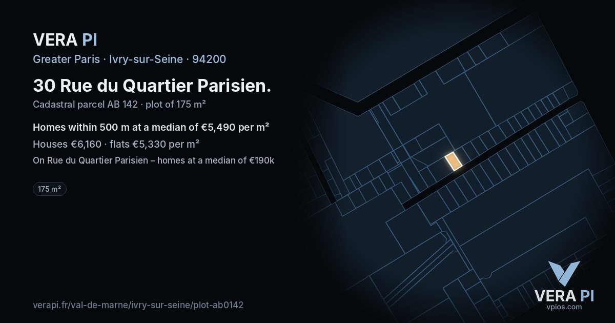 30 Rue du Quartier Parisien, Ivry-sur-Seine at night – the plot lit, the parcels around coloured by the prices near them