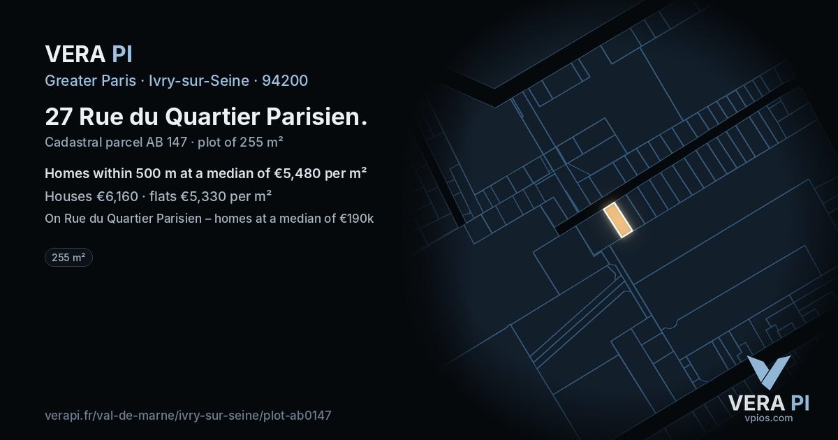 27 Rue du Quartier Parisien, Ivry-sur-Seine at night – the plot lit, the parcels around coloured by the prices near them