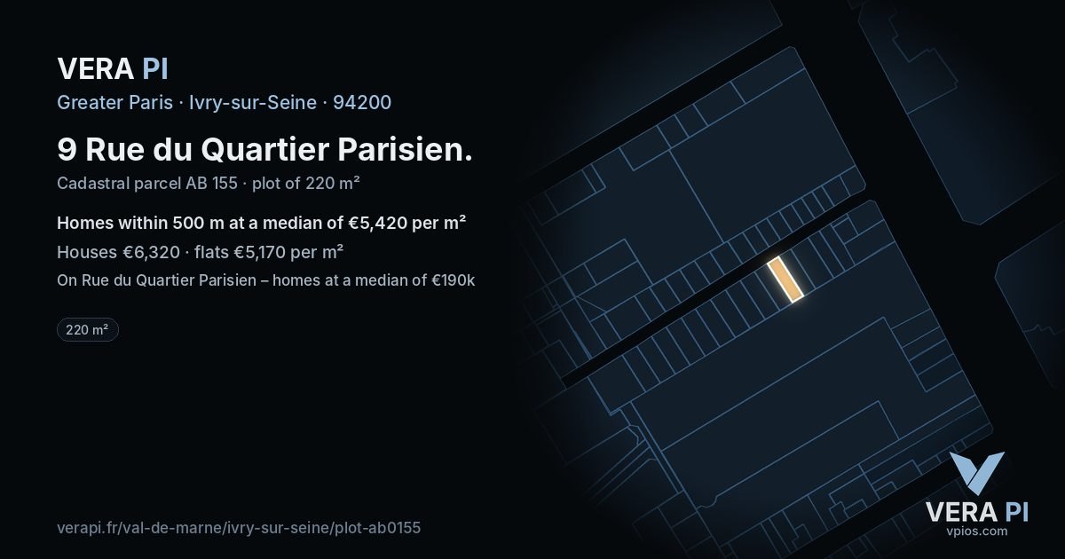 9 Rue du Quartier Parisien, Ivry-sur-Seine at night – the plot lit, the parcels around coloured by the prices near them
