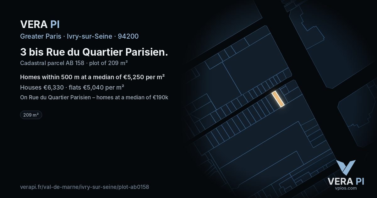 3 bis Rue du Quartier Parisien, Ivry-sur-Seine at night – the plot lit, the parcels around coloured by the prices near them