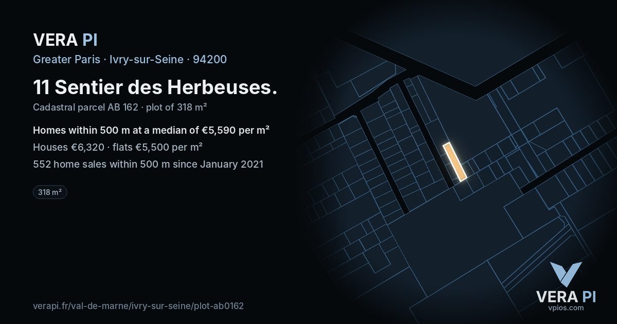 11 Sentier des Herbeuses, Ivry-sur-Seine at night – the plot lit, the parcels around coloured by the prices near them