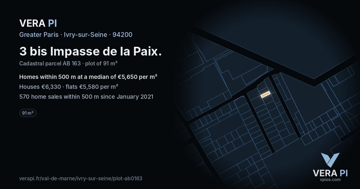 3 bis Impasse de la Paix, Ivry-sur-Seine at night – the plot lit, the parcels around coloured by the prices near them