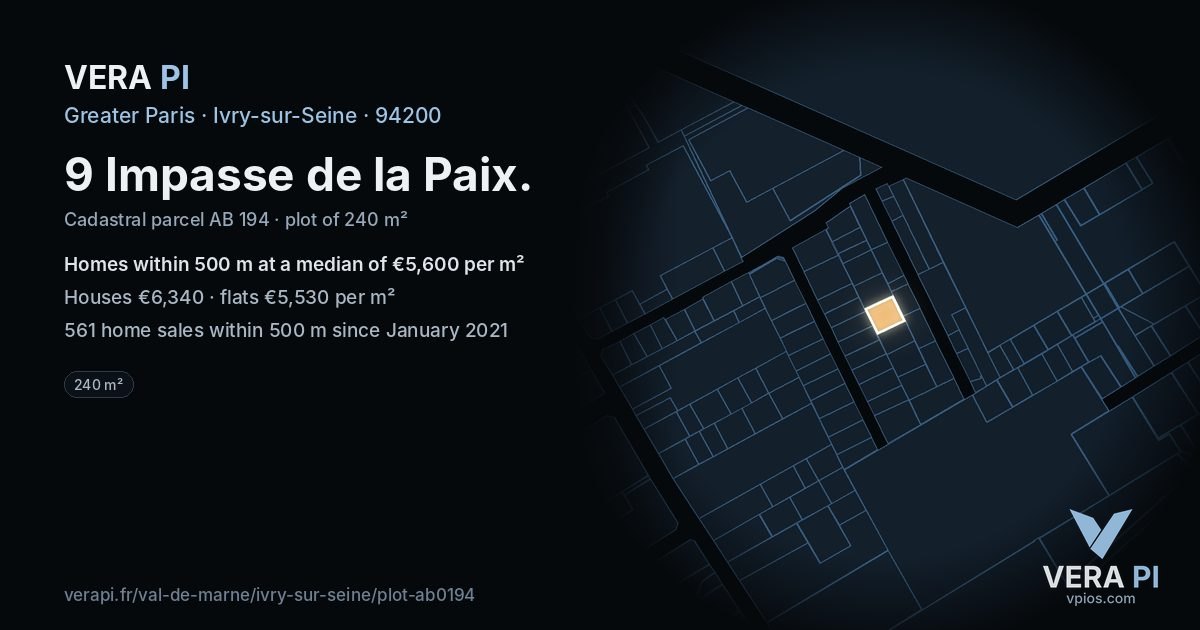 9 Impasse de la Paix, Ivry-sur-Seine at night – the plot lit, the parcels around coloured by the prices near them