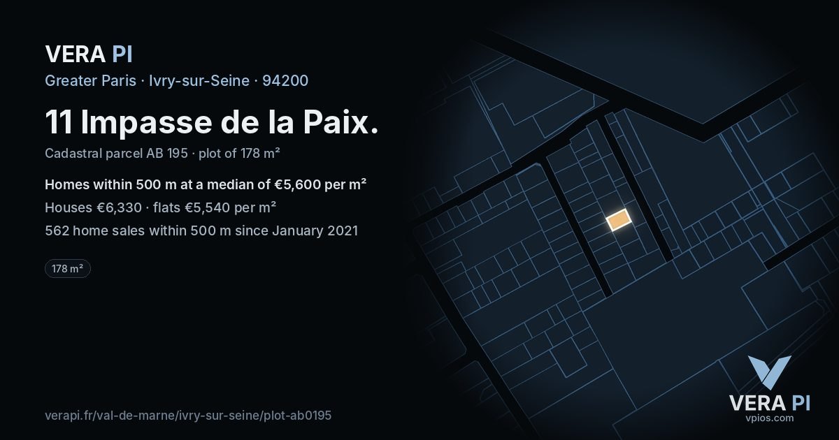11 Impasse de la Paix, Ivry-sur-Seine at night – the plot lit, the parcels around coloured by the prices near them