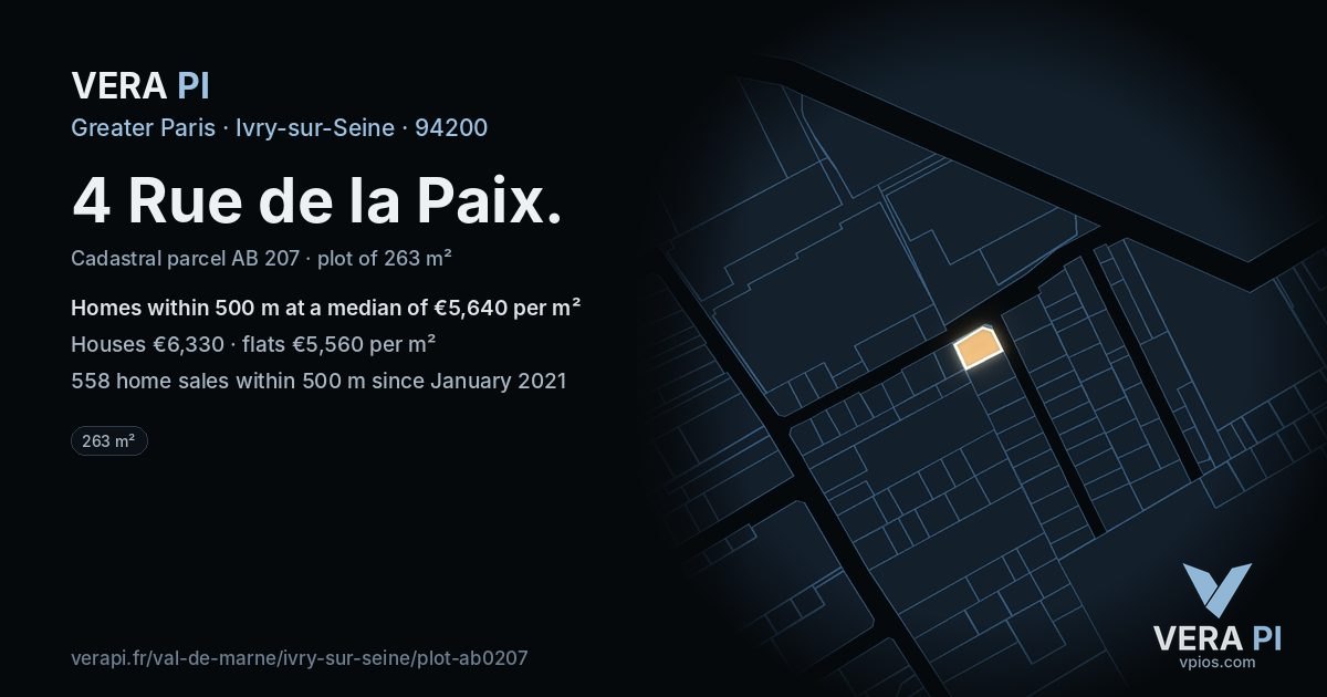 4 Rue de la Paix, Ivry-sur-Seine at night – the plot lit, the parcels around coloured by the prices near them