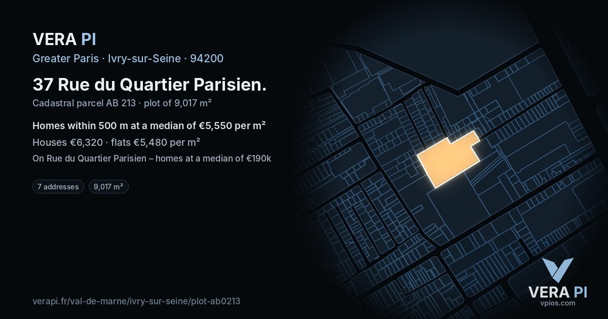 37 Rue du Quartier Parisien, Ivry-sur-Seine at night – the plot lit, the parcels around coloured by the prices near them