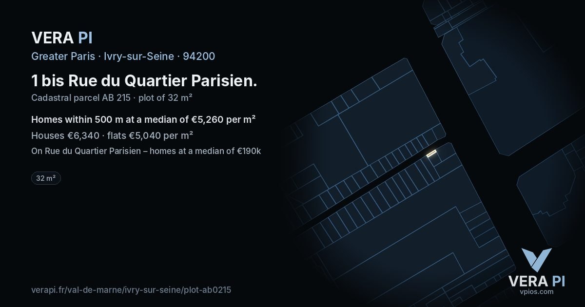 1 bis Rue du Quartier Parisien, Ivry-sur-Seine at night – the plot lit, the parcels around coloured by the prices near them