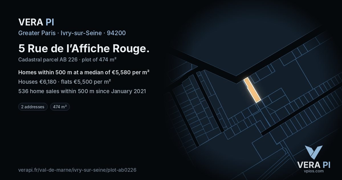 5 Rue de l’Affiche Rouge, Ivry-sur-Seine at night – the plot lit, the parcels around coloured by the prices near them