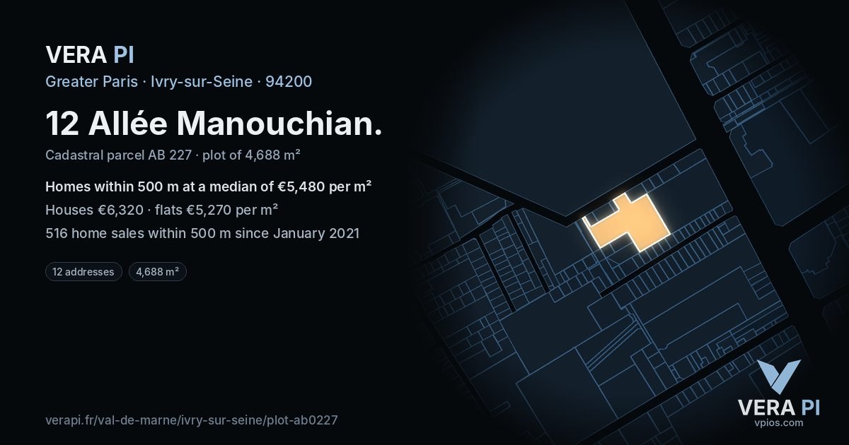 12 Allée Manouchian, Ivry-sur-Seine at night – the plot lit, the parcels around coloured by the prices near them