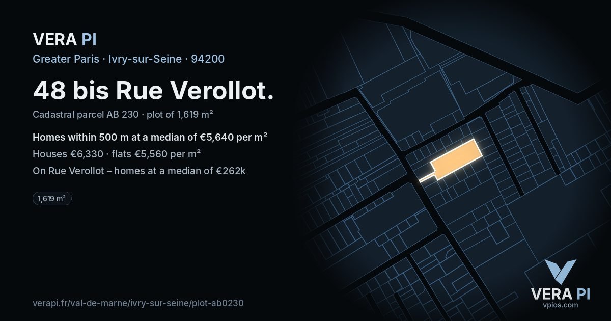 48 bis Rue Verollot, Ivry-sur-Seine at night – the plot lit, the parcels around coloured by the prices near them