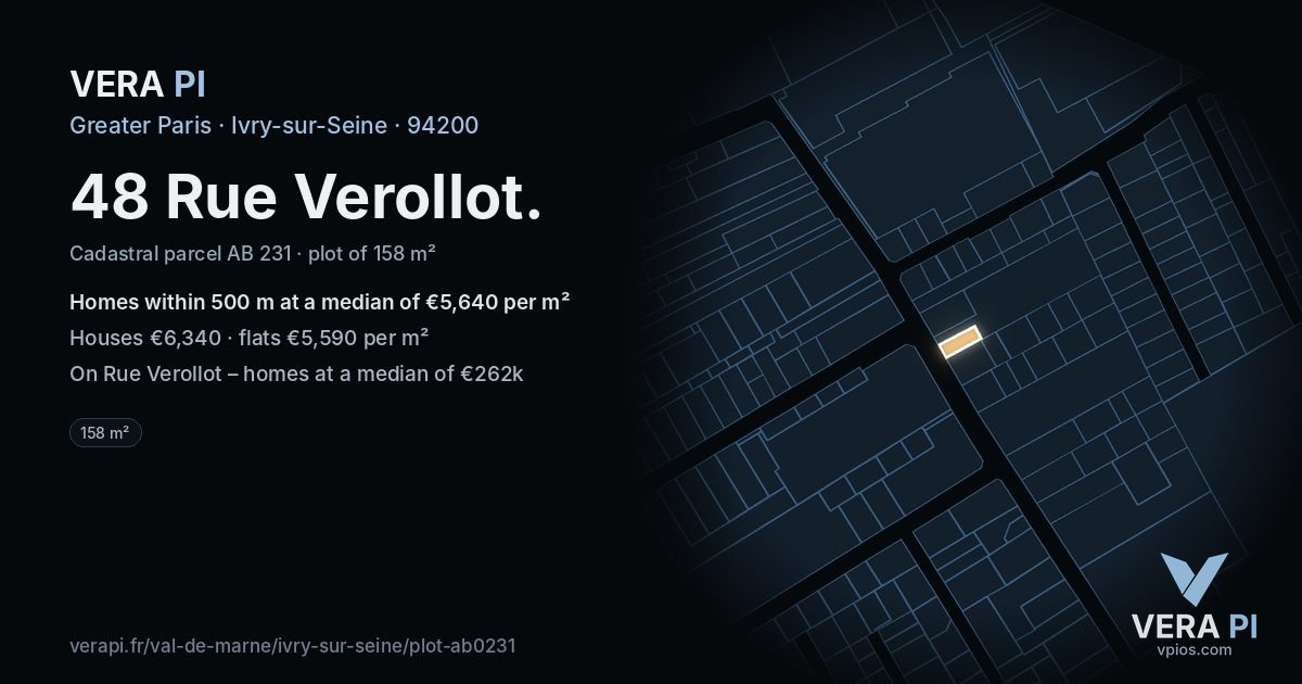 48 Rue Verollot, Ivry-sur-Seine at night – the plot lit, the parcels around coloured by the prices near them