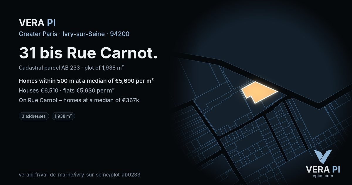 31 bis Rue Carnot, Ivry-sur-Seine at night – the plot lit, the parcels around coloured by the prices near them