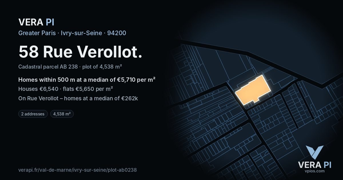 58 Rue Verollot, Ivry-sur-Seine at night – the plot lit, the parcels around coloured by the prices near them