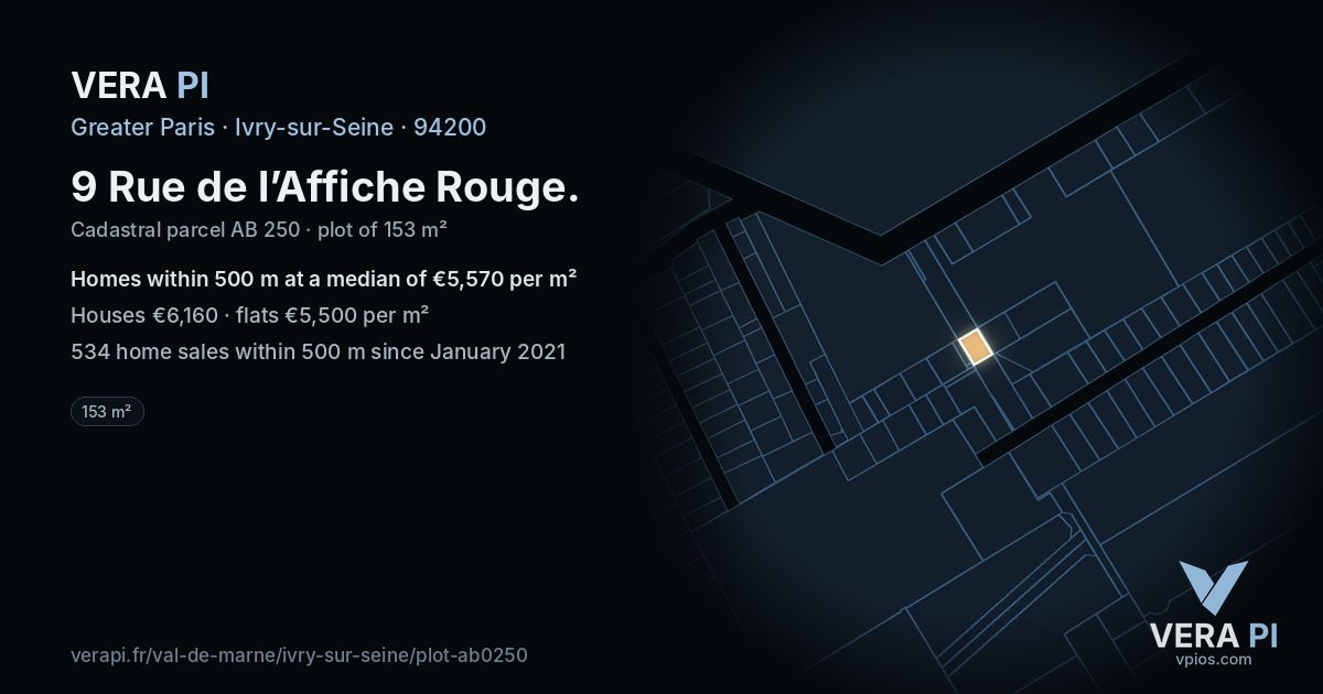 9 Rue de l’Affiche Rouge, Ivry-sur-Seine at night – the plot lit, the parcels around coloured by the prices near them