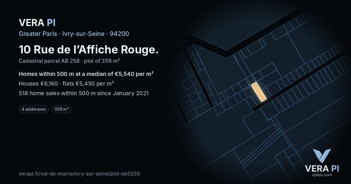 10 Rue de l’Affiche Rouge, Ivry-sur-Seine at night – the plot lit, the parcels around coloured by the prices near them
