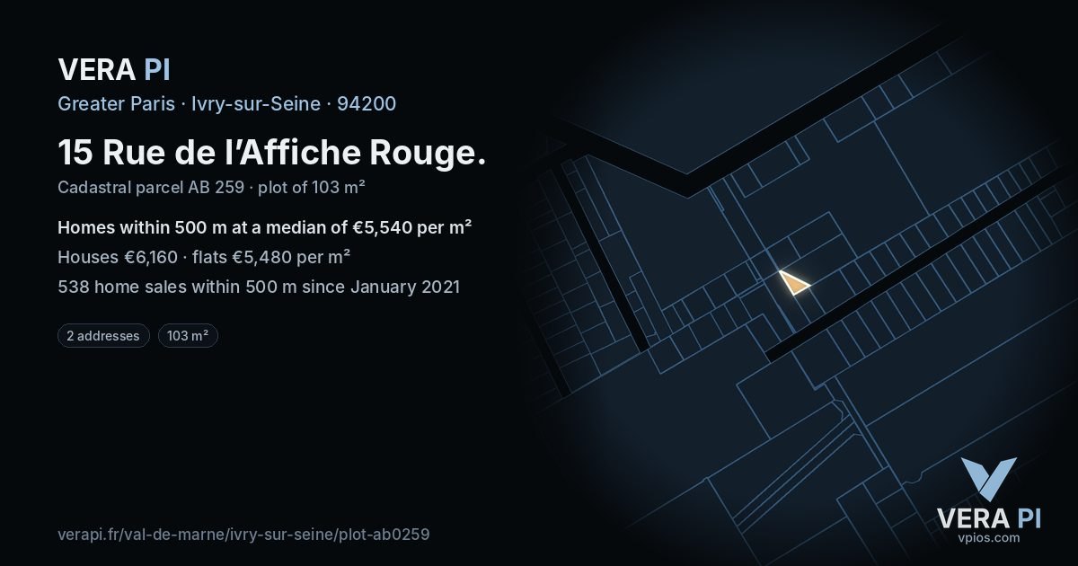 15 Rue de l’Affiche Rouge, Ivry-sur-Seine at night – the plot lit, the parcels around coloured by the prices near them