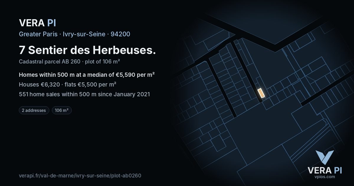 7 Sentier des Herbeuses, Ivry-sur-Seine at night – the plot lit, the parcels around coloured by the prices near them