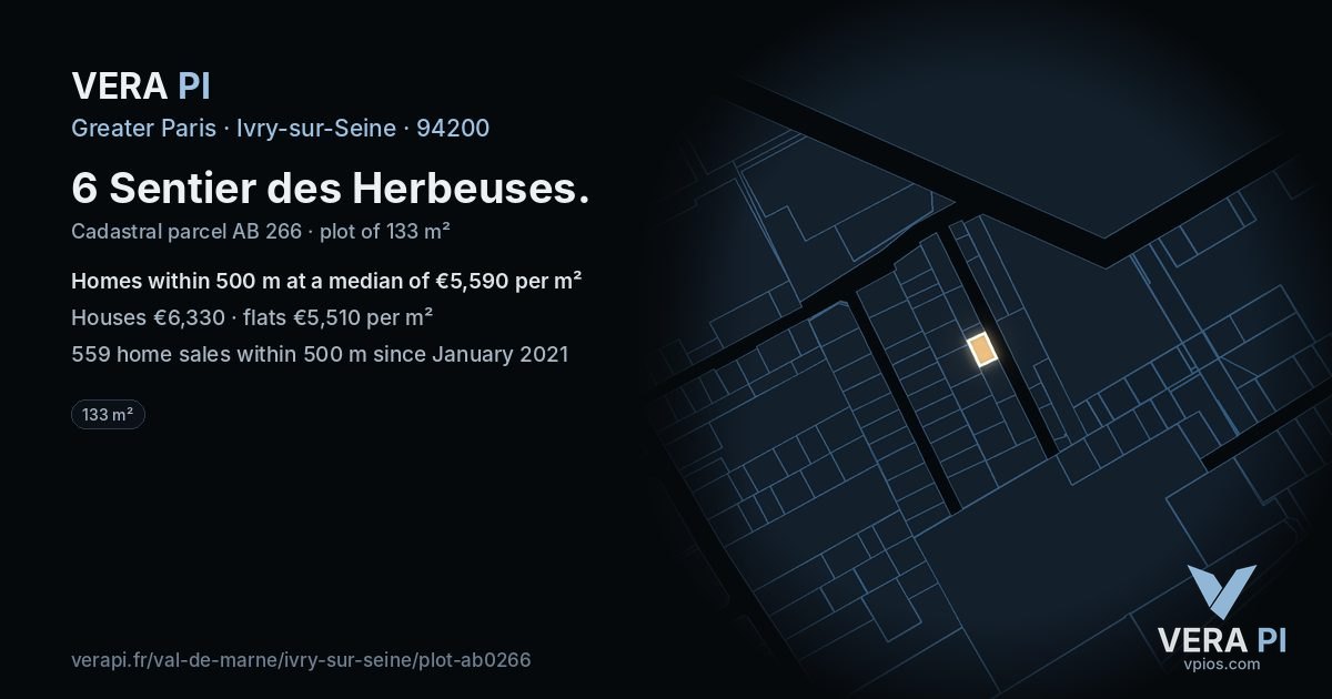 6 Sentier des Herbeuses, Ivry-sur-Seine at night – the plot lit, the parcels around coloured by the prices near them