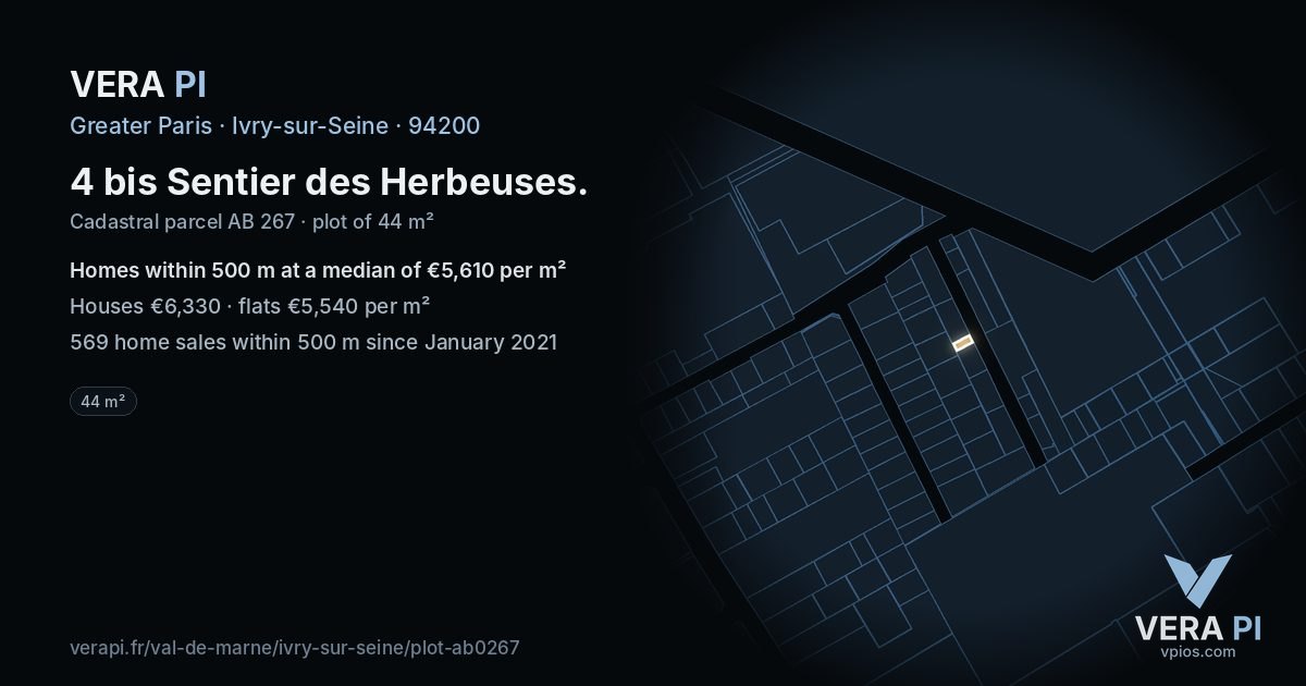 4 bis Sentier des Herbeuses, Ivry-sur-Seine at night – the plot lit, the parcels around coloured by the prices near them