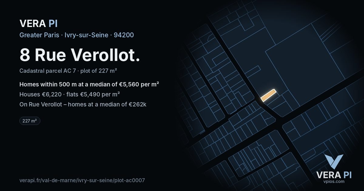 8 Rue Verollot, Ivry-sur-Seine at night – the plot lit, the parcels around coloured by the prices near them
