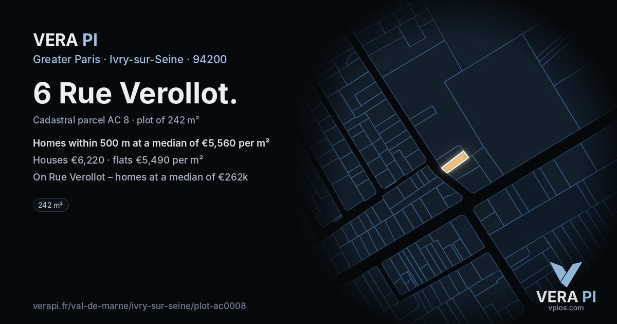 6 Rue Verollot, Ivry-sur-Seine at night – the plot lit, the parcels around coloured by the prices near them