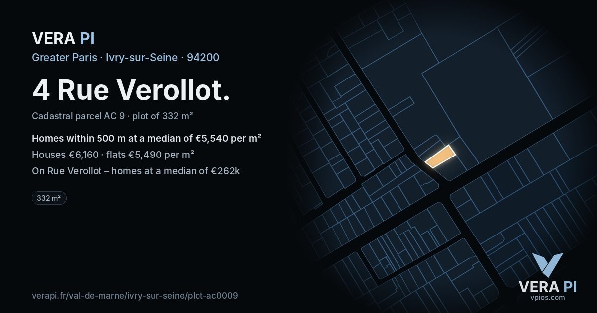 4 Rue Verollot, Ivry-sur-Seine at night – the plot lit, the parcels around coloured by the prices near them