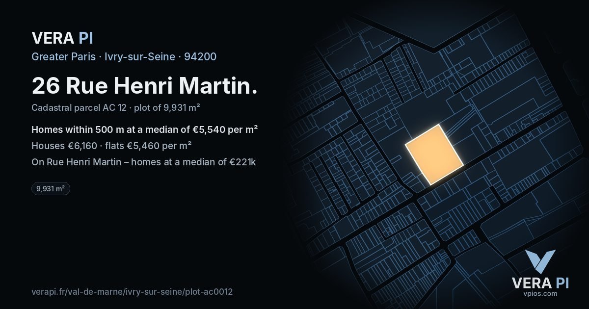 26 Rue Henri Martin, Ivry-sur-Seine at night – the plot lit, the parcels around coloured by the prices near them