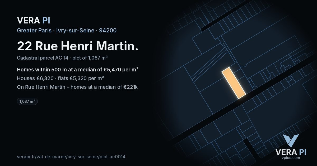 22 Rue Henri Martin, Ivry-sur-Seine at night – the plot lit, the parcels around coloured by the prices near them