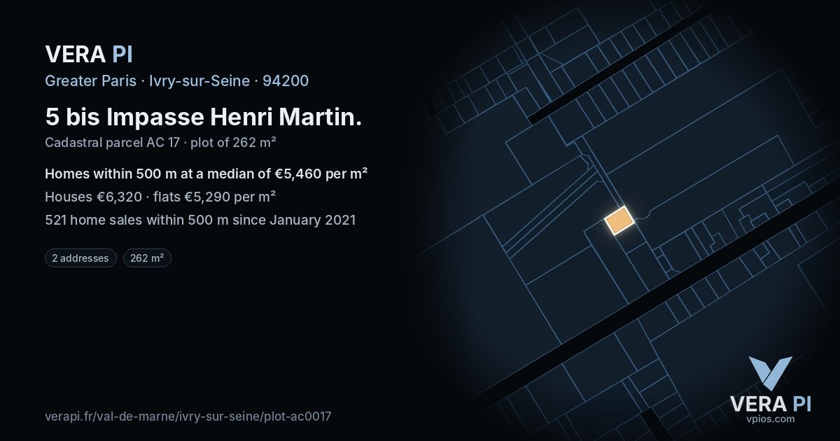 5 bis Impasse Henri Martin, Ivry-sur-Seine at night – the plot lit, the parcels around coloured by the prices near them
