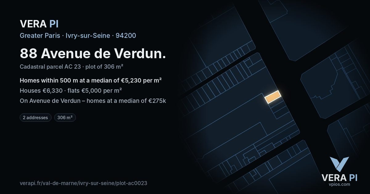 88 Avenue de Verdun, Ivry-sur-Seine at night – the plot lit, the parcels around coloured by the prices near them