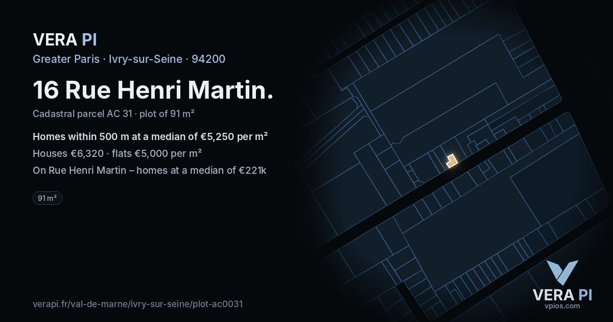 16 Rue Henri Martin, Ivry-sur-Seine at night – the plot lit, the parcels around coloured by the prices near them