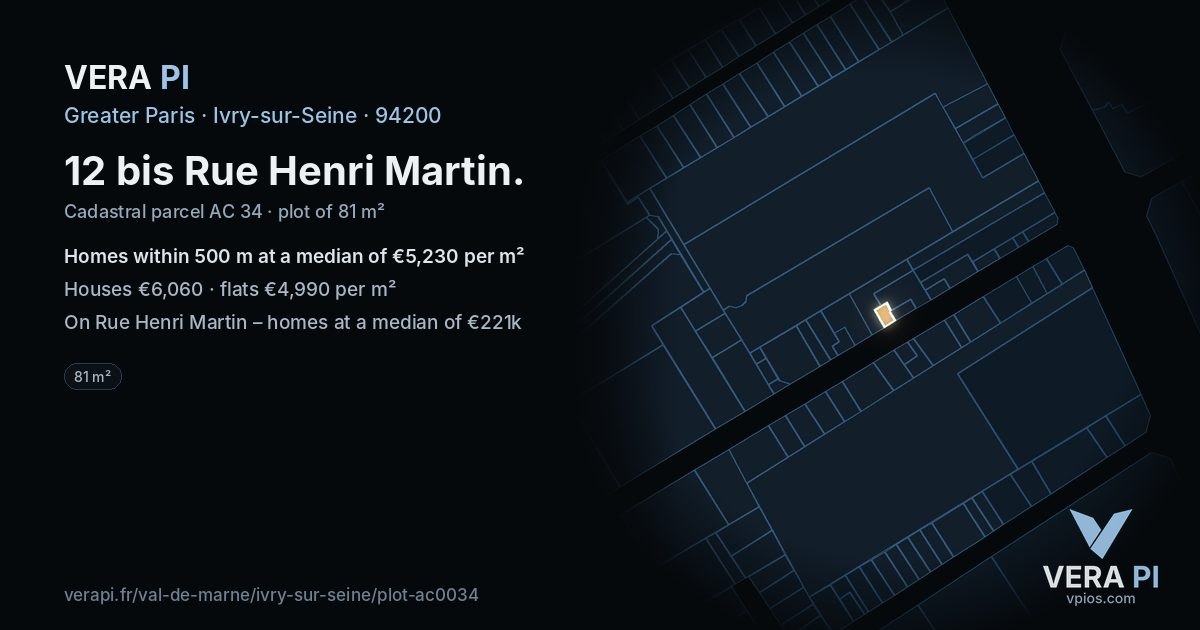 12 bis Rue Henri Martin, Ivry-sur-Seine at night – the plot lit, the parcels around coloured by the prices near them