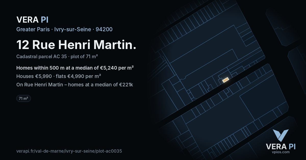 12 Rue Henri Martin, Ivry-sur-Seine at night – the plot lit, the parcels around coloured by the prices near them