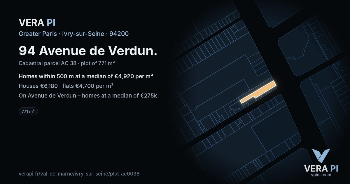 94 Avenue de Verdun, Ivry-sur-Seine at night – the plot lit, the parcels around coloured by the prices near them