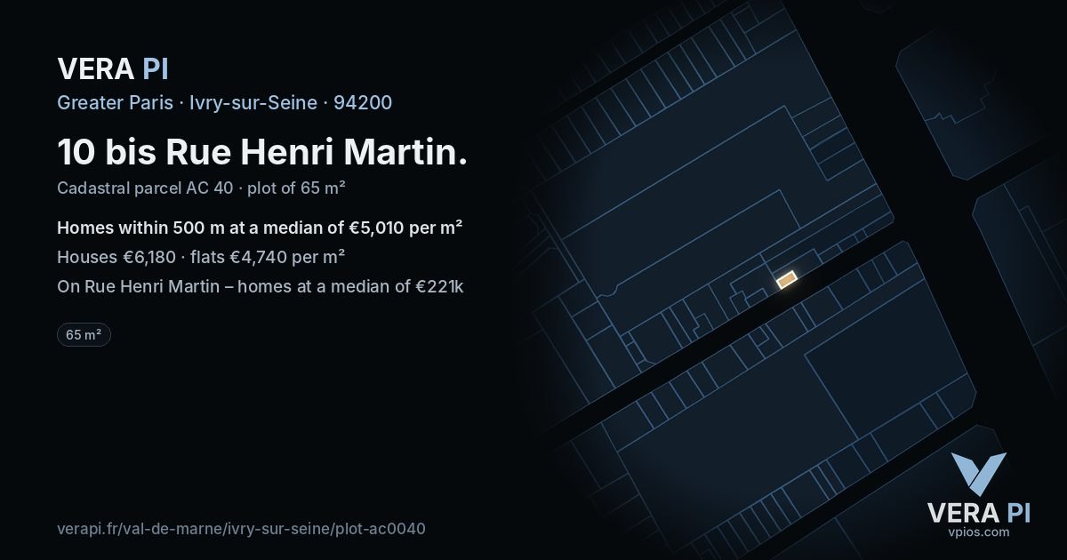 10 bis Rue Henri Martin, Ivry-sur-Seine at night – the plot lit, the parcels around coloured by the prices near them
